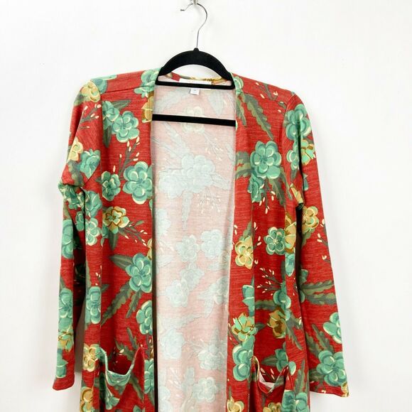 Lularoe Medium Womens Unicorn Sarah Red Floral Print Long Open Front Cardigan - Picture 2 of 5